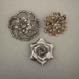 Three Unsigned Vintage Floral Brooches Gold and Silver Tone with Stones